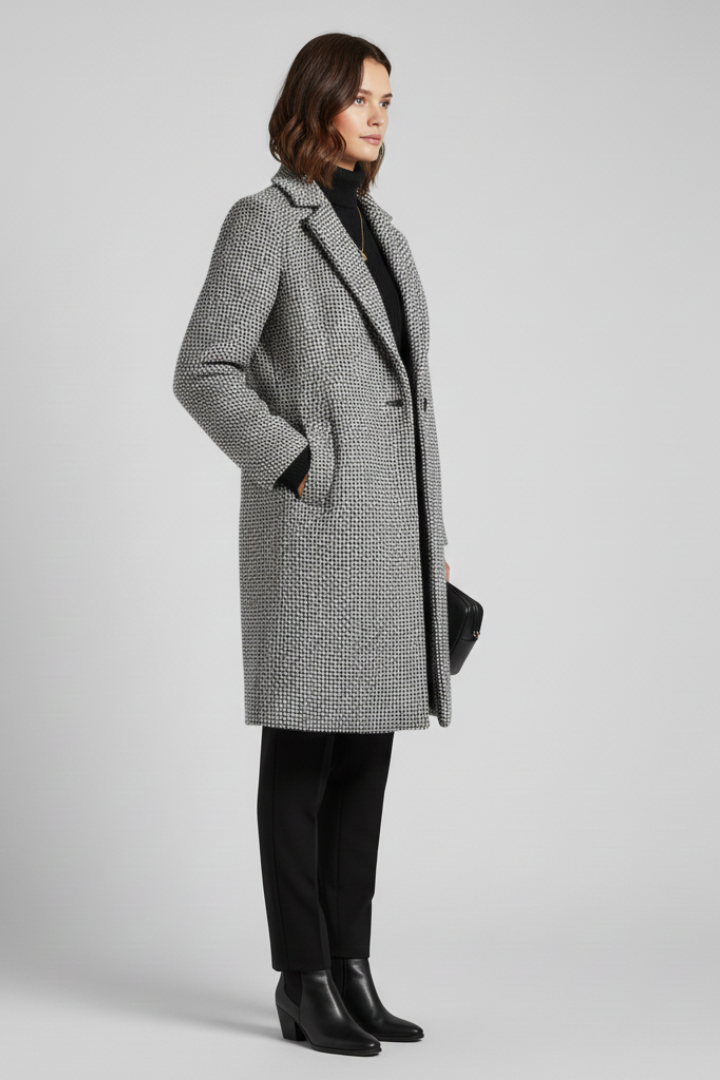Chic Grey Herringbone Long Blazer for Women with Notched Lapel Single Button Woven Texture Tailored Cold Weather Style