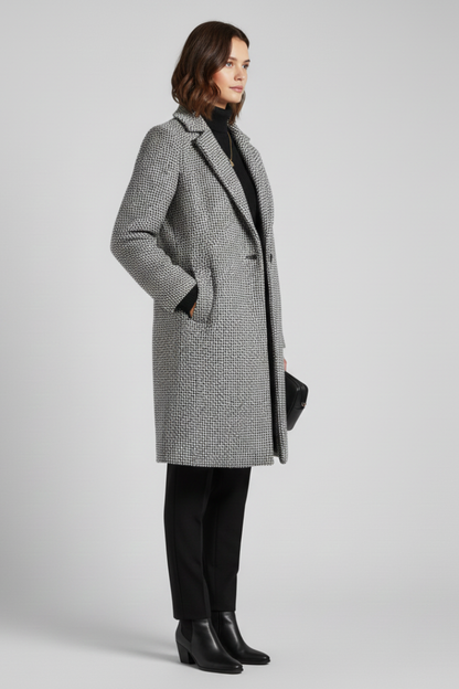 Chic Grey Herringbone Long Blazer for Women with Notched Lapel Single Button Woven Texture Tailored Cold Weather Style