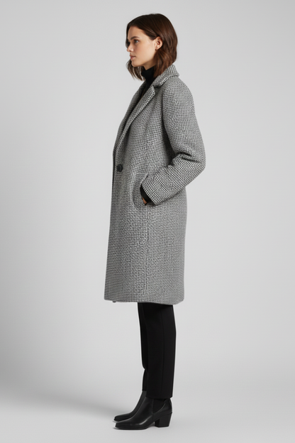 Chic Grey Herringbone Long Blazer for Women with Notched Lapel Single Button Woven Texture Tailored Cold Weather Style