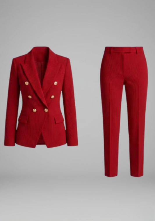 Elegant Red Double Breasted Blazer Set for Women with Gold Buttons Two Piece Trouser Suit Workwear Style