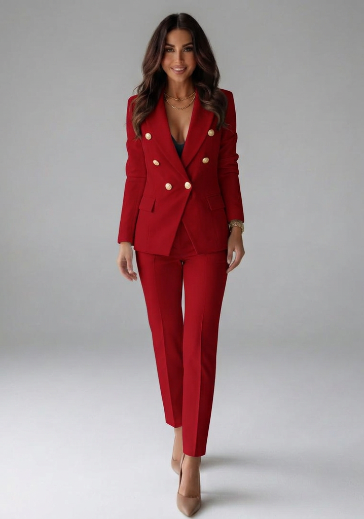 Elegant Red Double Breasted Blazer Set for Women with Gold Buttons Two Piece Trouser Suit Workwear Style
