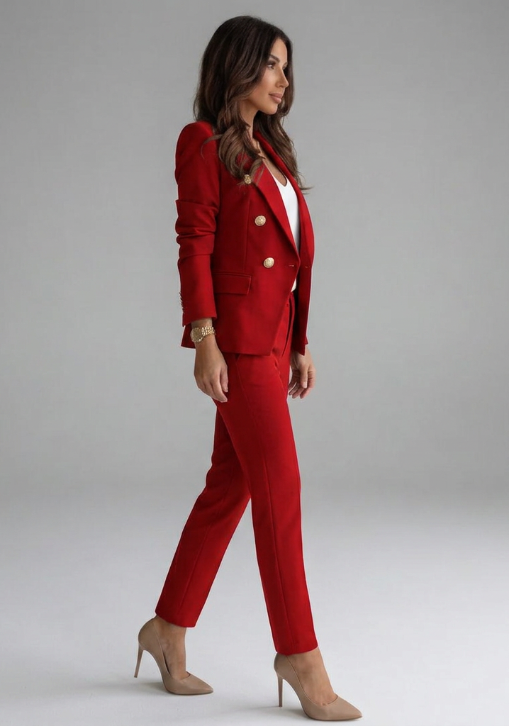 Elegant Red Double Breasted Blazer Set for Women with Gold Buttons Two Piece Trouser Suit Workwear Style