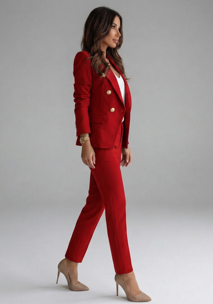 Elegant Red Double Breasted Blazer Set for Women with Gold Buttons Two Piece Trouser Suit Workwear Style