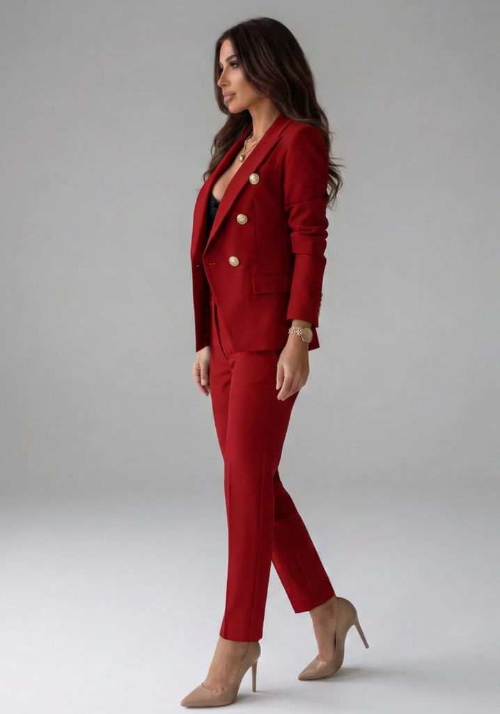 Elegant Red Double Breasted Blazer Set for Women with Gold Buttons Two Piece Trouser Suit Workwear Style