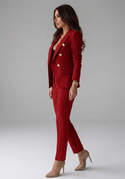Elegant Red Double Breasted Blazer Set for Women with Gold Buttons Two Piece Trouser Suit Workwear Style