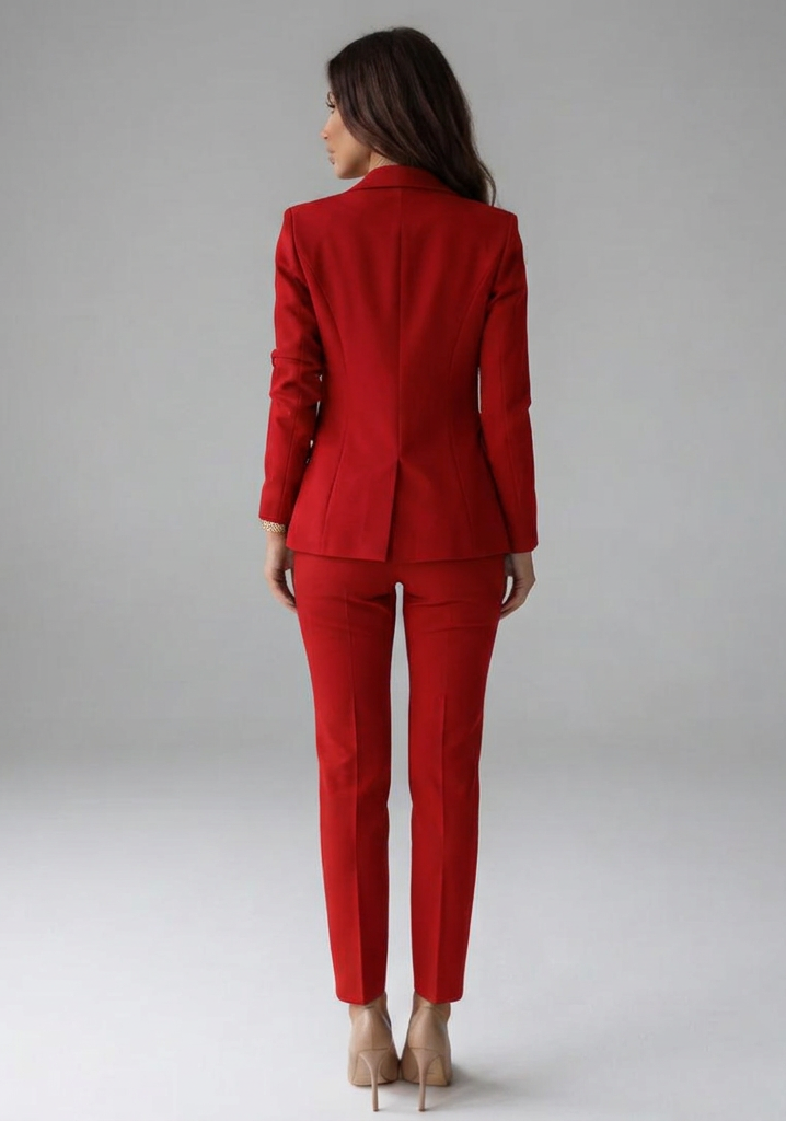 Elegant Red Double Breasted Blazer Set for Women with Gold Buttons Two Piece Trouser Suit Workwear Style