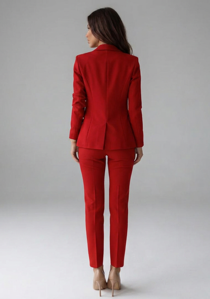 Elegant Red Double Breasted Blazer Set for Women with Gold Buttons Two Piece Trouser Suit Workwear Style