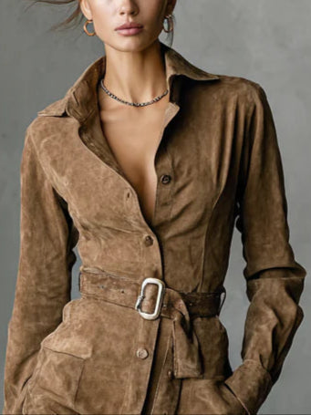 Effortless Suede Shirt Dress for Women with Collared Long Sleeve Belted Button Front Western Style
