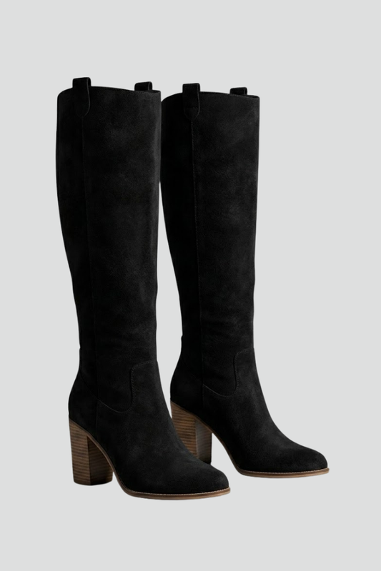 Stylish Black Knee High Boots for Women with Almond Toe Stacked Heel Suede Tall Fall Style