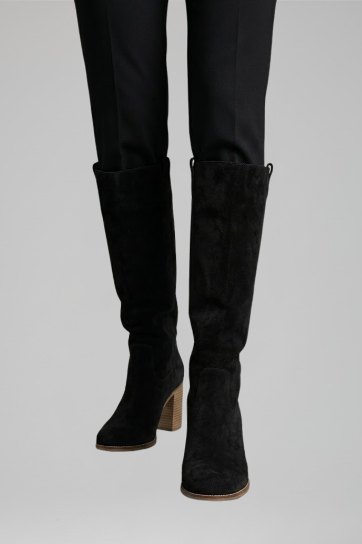 Stylish Black Knee High Boots for Women with Almond Toe Stacked Heel Suede Tall Fall Style