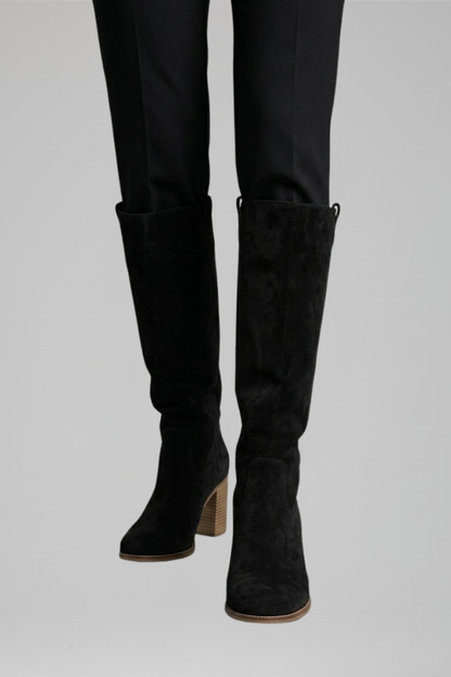 Stylish Black Knee High Boots for Women with Almond Toe Stacked Heel Suede Tall Fall Style