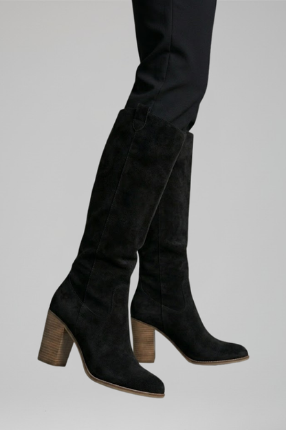 Stylish Black Knee High Boots for Women with Almond Toe Stacked Heel Suede Tall Fall Style