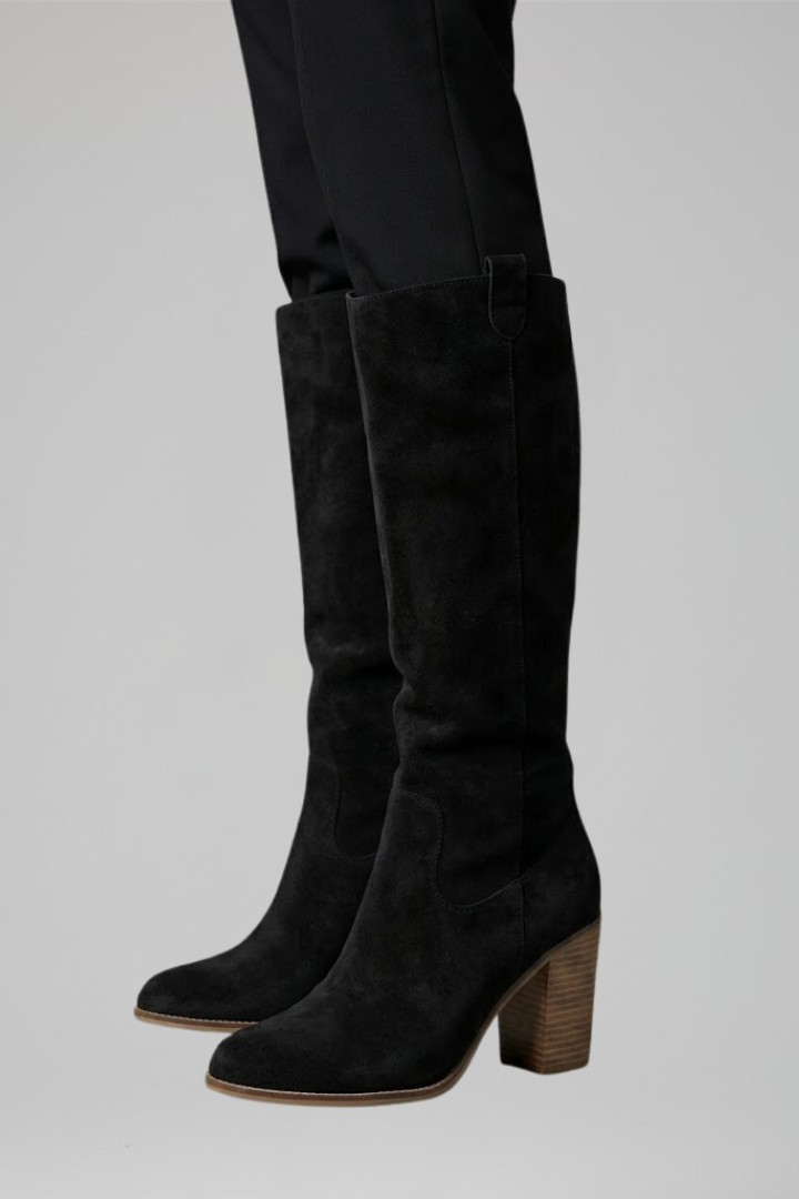 Stylish Black Knee High Boots for Women with Almond Toe Stacked Heel Suede Tall Fall Style