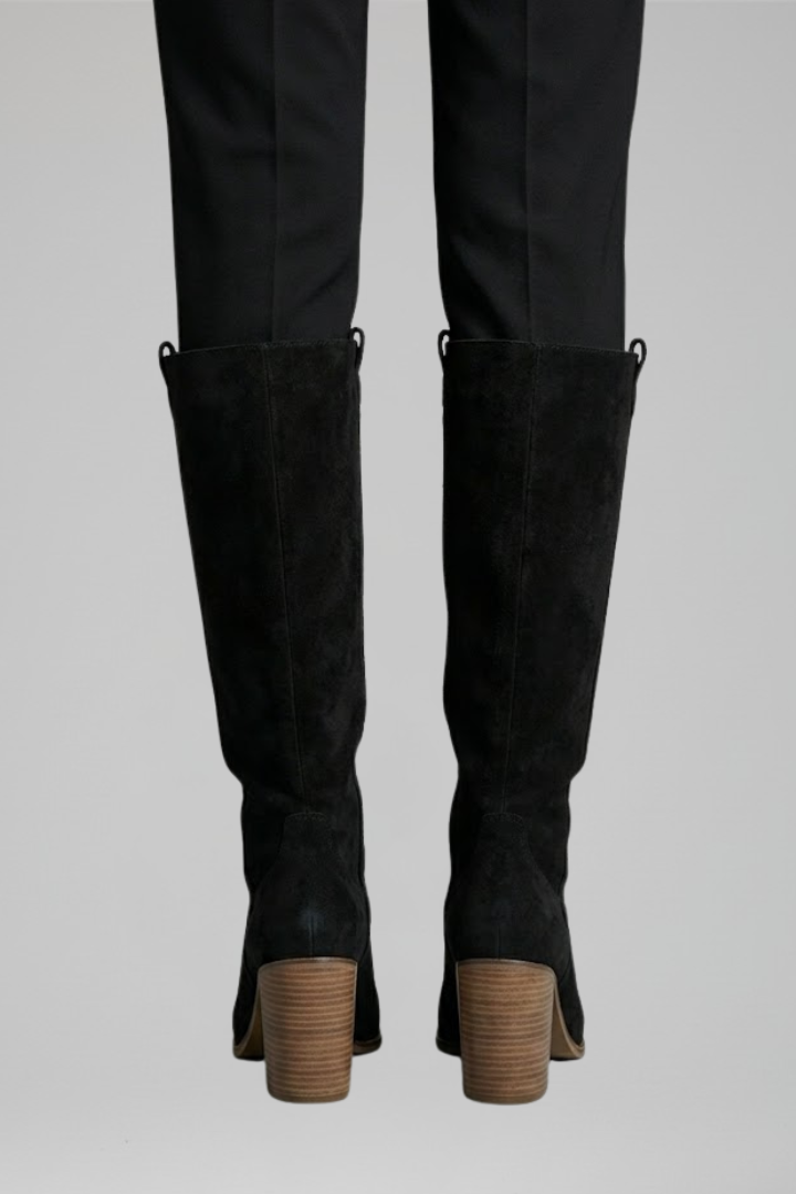 Stylish Black Knee High Boots for Women with Almond Toe Stacked Heel Suede Tall Fall Style