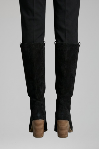 Stylish Black Knee High Boots for Women with Almond Toe Stacked Heel Suede Tall Fall Style