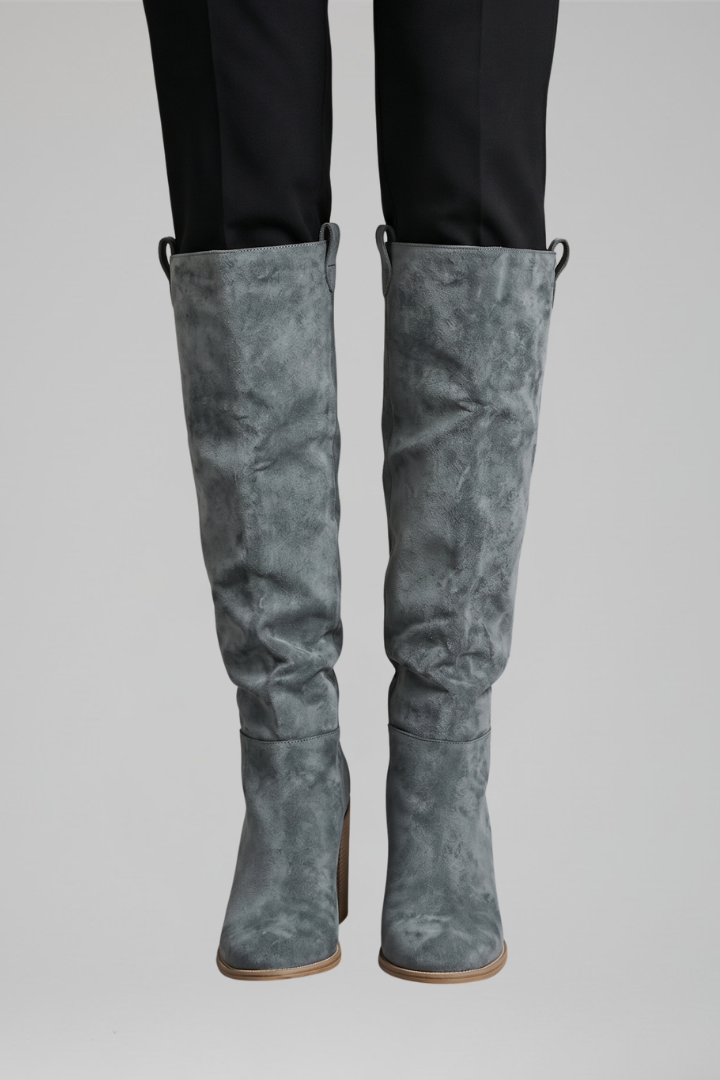 Stylish Black Knee High Boots for Women with Almond Toe Stacked Heel Suede Tall Fall Style