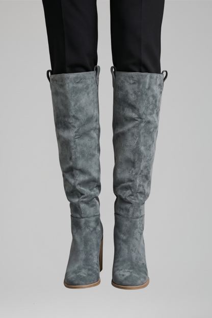 Stylish Black Knee High Boots for Women with Almond Toe Stacked Heel Suede Tall Fall Style