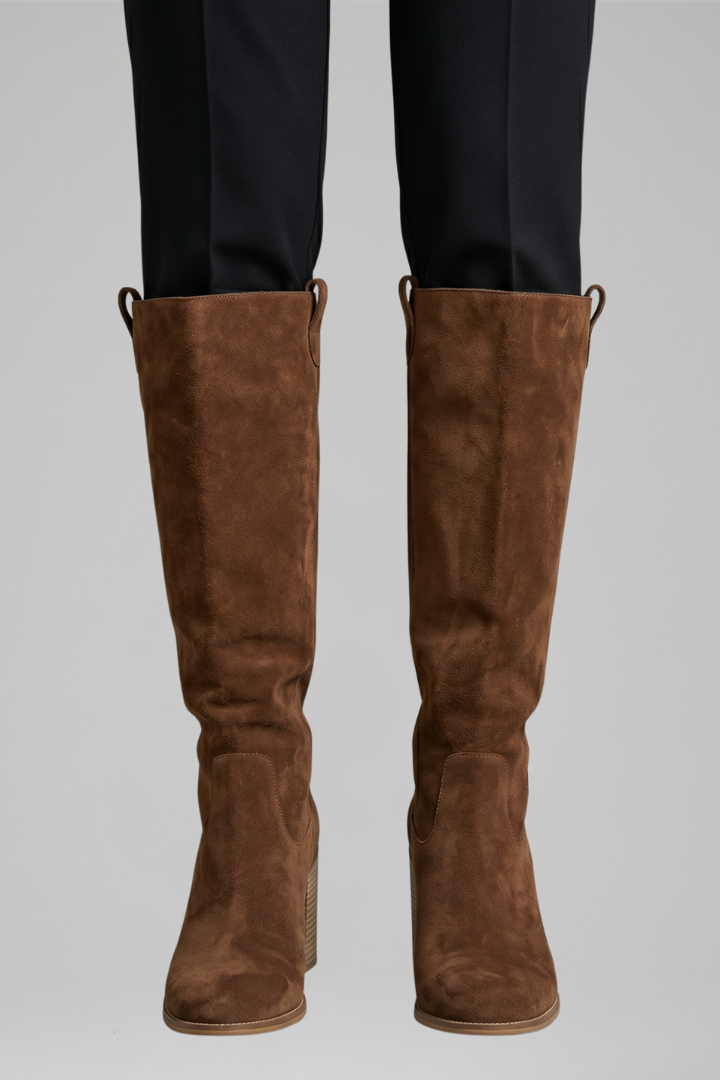 Stylish Black Knee High Boots for Women with Almond Toe Stacked Heel Suede Tall Fall Style