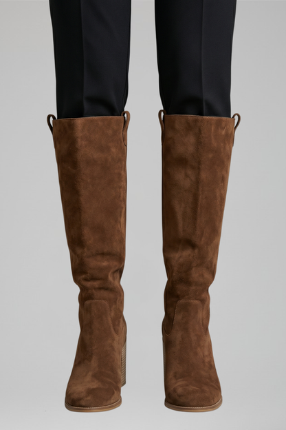 Stylish Black Knee High Boots for Women with Almond Toe Stacked Heel Suede Tall Fall Style