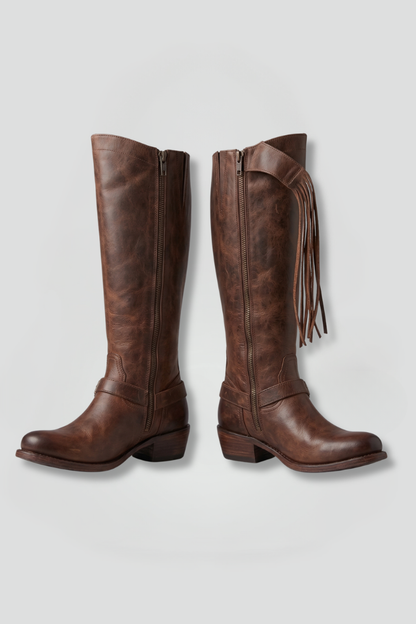 Modern Brown Knee High Boots for Women with Fringe Zip Closure Stacked Heel Tall Western Fall Style