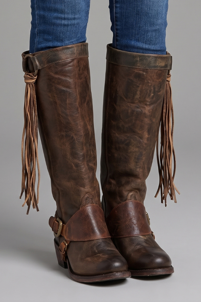 Modern Brown Knee High Boots for Women with Fringe Zip Closure Stacked Heel Tall Western Fall Style