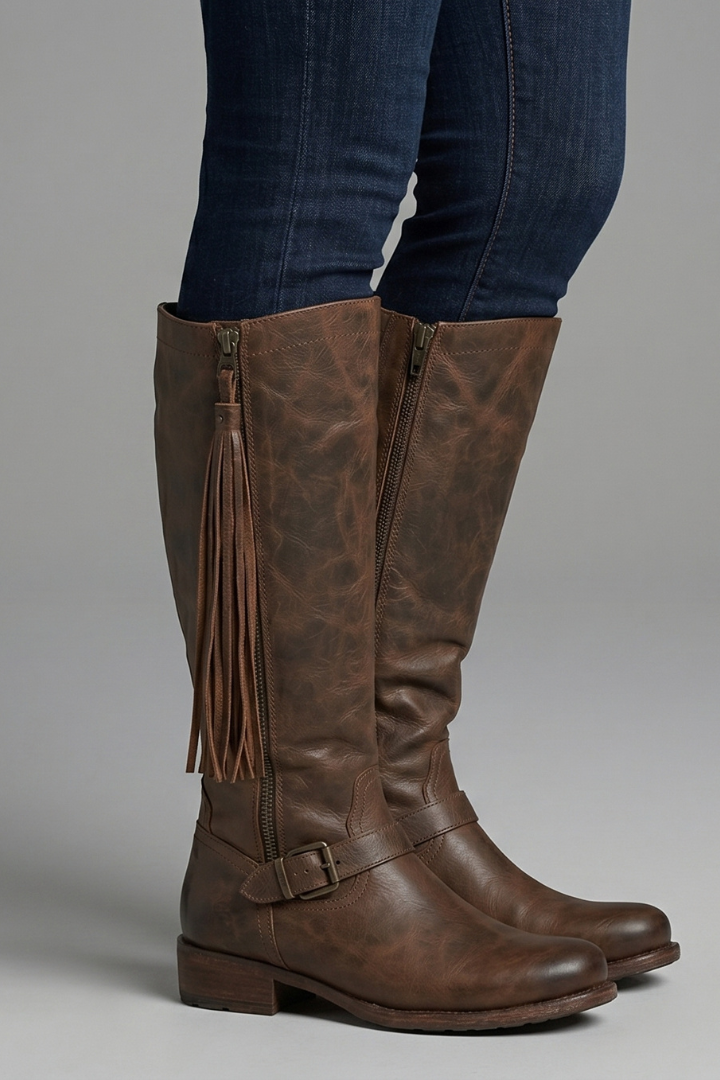Modern Brown Knee High Boots for Women with Fringe Zip Closure Stacked Heel Tall Western Fall Style