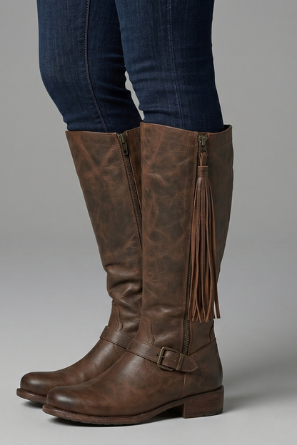 Modern Brown Knee High Boots for Women with Fringe Zip Closure Stacked Heel Tall Western Fall Style