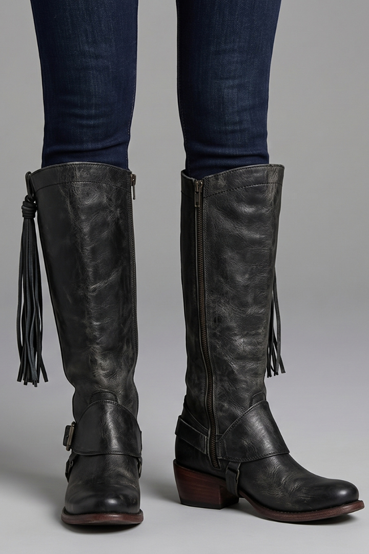 Modern Brown Knee High Boots for Women with Fringe Zip Closure Stacked Heel Tall Western Fall Style