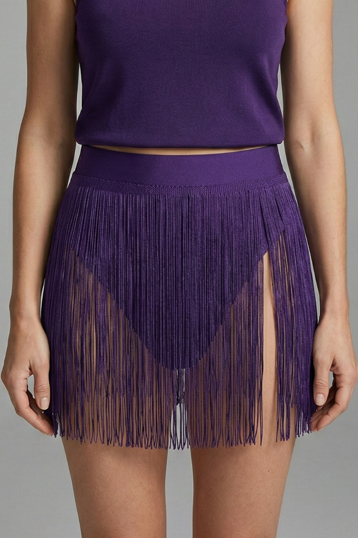 Stylish Purple Fringe Mini Skirt for Women with High Waist Tiered Flowing Bohemian Style
