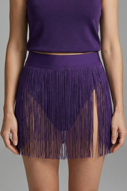 Stylish Purple Fringe Mini Skirt for Women with High Waist Tiered Flowing Bohemian Style