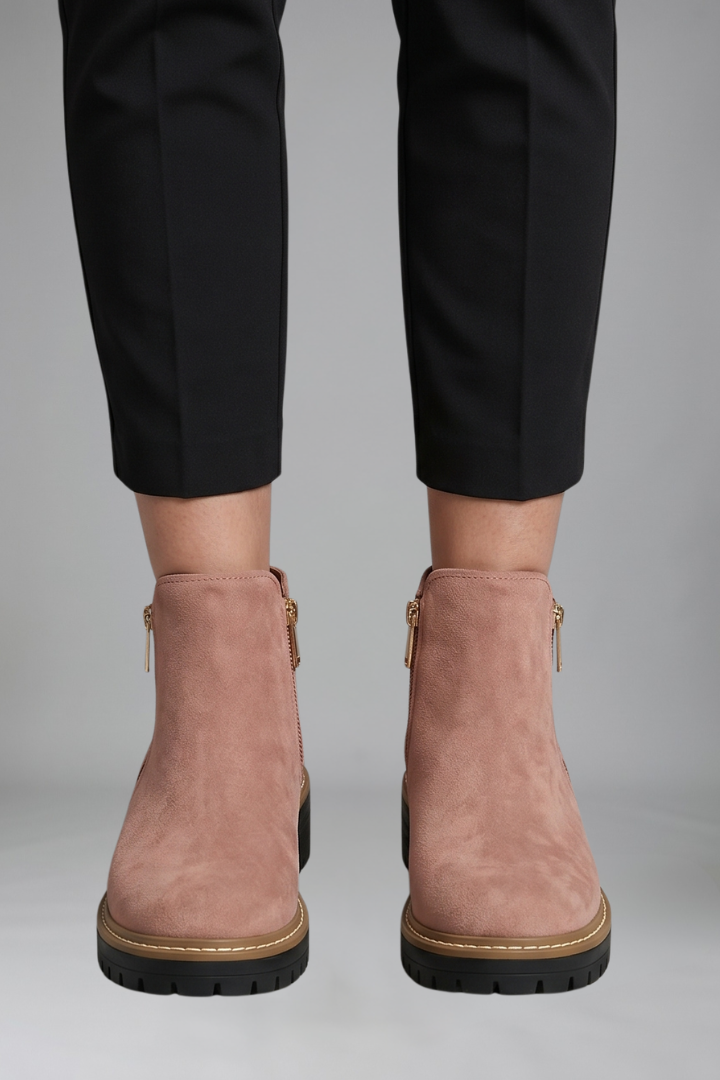 Chic Grey Ankle Boots for Women with Side Zip Almond Toe Chunky Sole Suede Fall Style