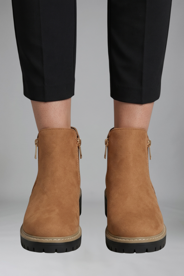 Chic Grey Ankle Boots for Women with Side Zip Almond Toe Chunky Sole Suede Fall Style
