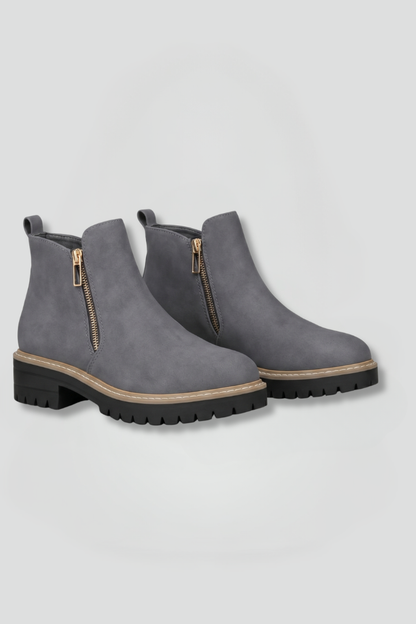 Chic Grey Ankle Boots for Women with Side Zip Almond Toe Chunky Sole Suede Fall Style