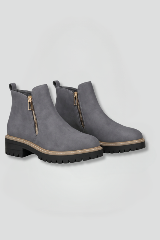 Chic Grey Ankle Boots for Women with Side Zip Almond Toe Chunky Sole Suede Fall Style