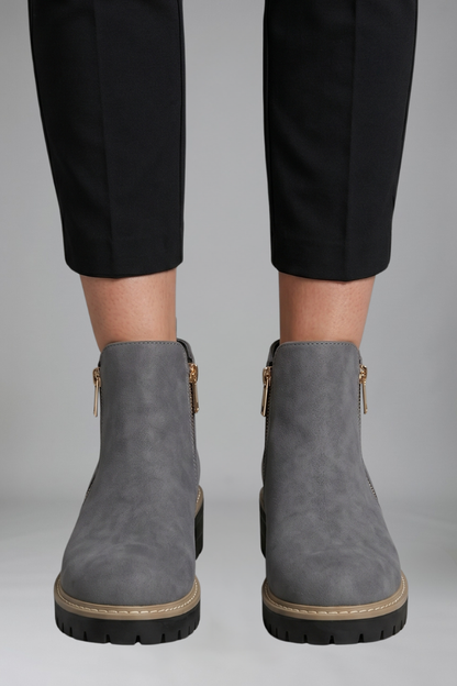 Chic Grey Ankle Boots for Women with Side Zip Almond Toe Chunky Sole Suede Fall Style