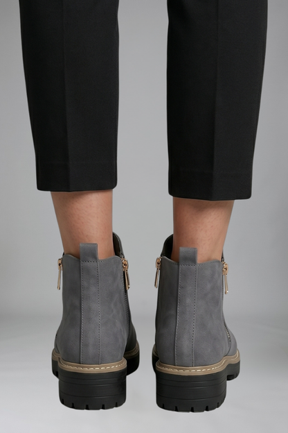 Chic Grey Ankle Boots for Women with Side Zip Almond Toe Chunky Sole Suede Fall Style