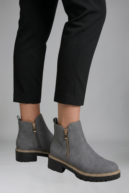 Chic Grey Ankle Boots for Women with Side Zip Almond Toe Chunky Sole Suede Fall Style
