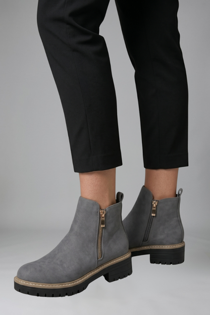Chic Grey Ankle Boots for Women with Side Zip Almond Toe Chunky Sole Suede Fall Style