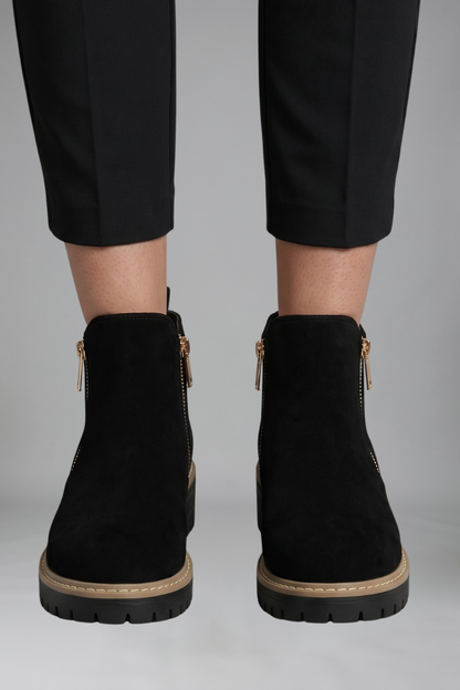Chic Grey Ankle Boots for Women with Side Zip Almond Toe Chunky Sole Suede Fall Style