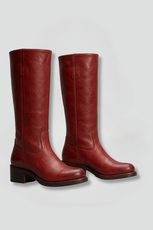 Statement Red Knee High Boots for Women with Almond Toe Stacked Heel Leather Tall Fall Style