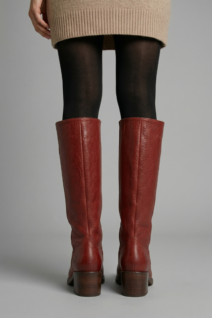 Statement Red Knee High Boots for Women with Almond Toe Stacked Heel Leather Tall Fall Style