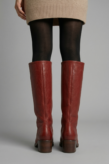 Statement Red Knee High Boots for Women with Almond Toe Stacked Heel Leather Tall Fall Style