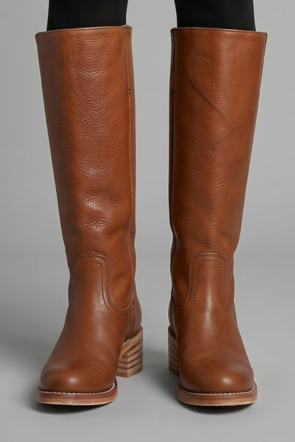 Statement Red Knee High Boots for Women with Almond Toe Stacked Heel Leather Tall Fall Style