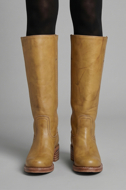 Statement Red Knee High Boots for Women with Almond Toe Stacked Heel Leather Tall Fall Style
