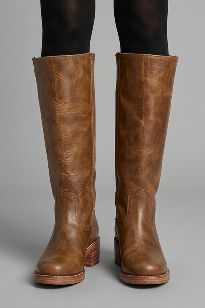 Statement Red Knee High Boots for Women with Almond Toe Stacked Heel Leather Tall Fall Style