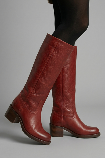 Statement Red Knee High Boots for Women with Almond Toe Stacked Heel Leather Tall Fall Style