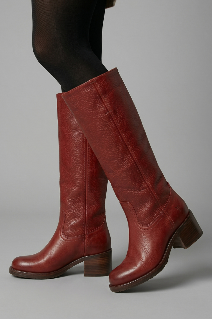 Statement Red Knee High Boots for Women with Almond Toe Stacked Heel Leather Tall Fall Style