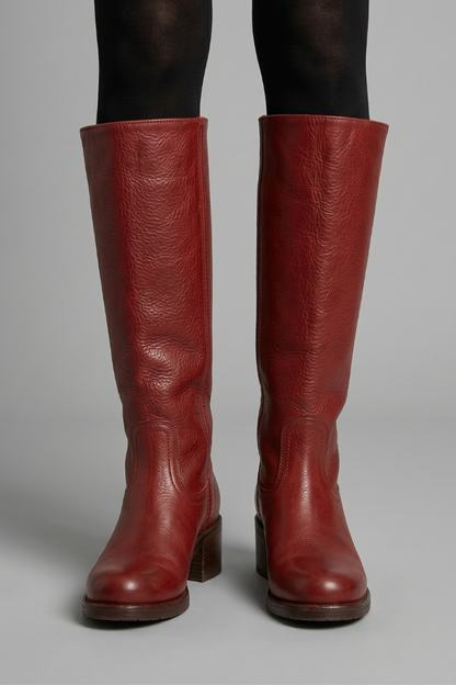 Statement Red Knee High Boots for Women with Almond Toe Stacked Heel Leather Tall Fall Style