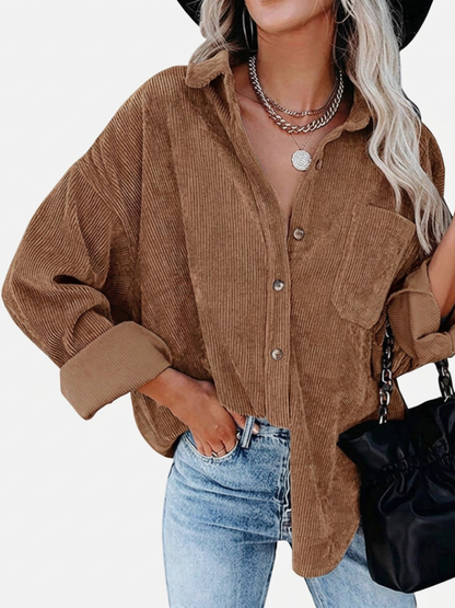 Effortless Corduroy Shirt for Women with Collar Long Sleeve Button Front Oversized Relaxed Style