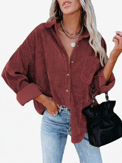 Effortless Corduroy Shirt for Women with Collar Long Sleeve Button Front Oversized Relaxed Style